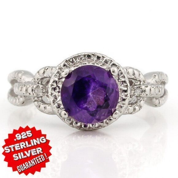 Elite New 1.09ctw Genuine Amethyst With Diamond .925 Sterling Silver Ring Size 6 - Picture 2 of 6
